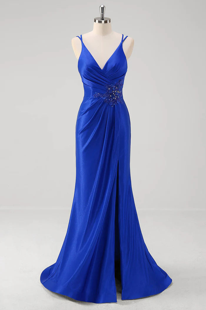 Weitese Dress Sparkly Royal Blue Mermaid Spaghetti Straps Party Dress Maxi Dress Sleeveless With Slit Prom Dress
